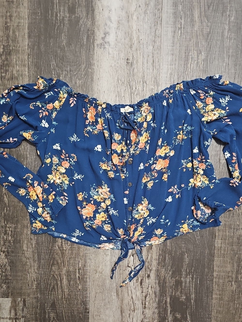 Rewind Blue Floral Off-Shoulder Tie-Hem Blouse